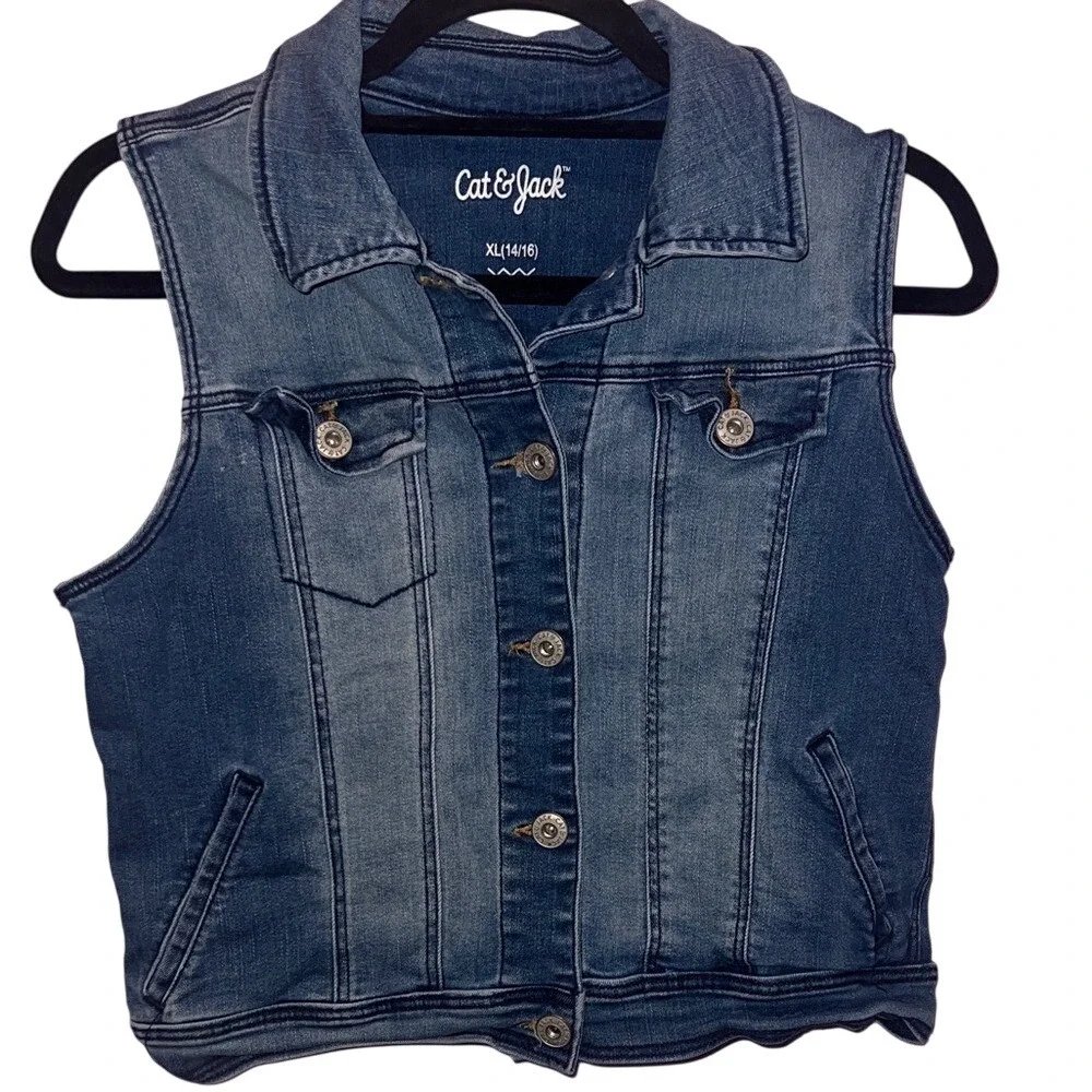 Cat Jack Denim Vest Kids Girls XL 14 16 BlueJean Sleeveless Button Front Pockets
